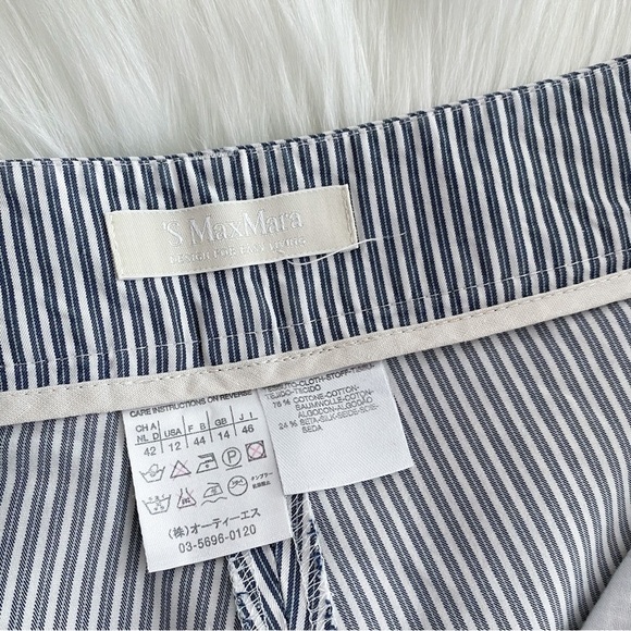 MaxMara Stripe Straight Leg Pants Trousers Silk Cotton Blend Crop Cream Blue - Picture 9 of 14